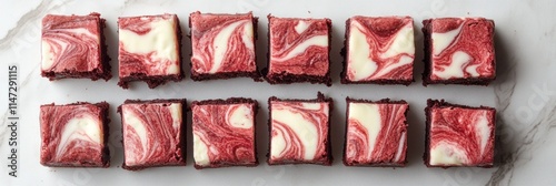 Twelve Red Velvet Cheesecake Swirl Brownies Arranged Neatly photo