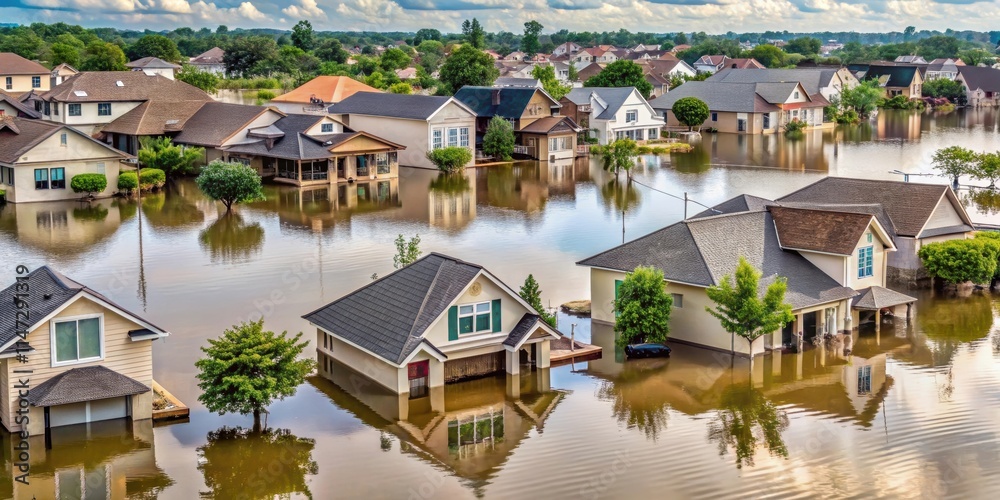 Fototapeta premium Homes in a flooded neighborhood, showing rooftops partially submerged under water, flooded, neighborhood, homes, houses