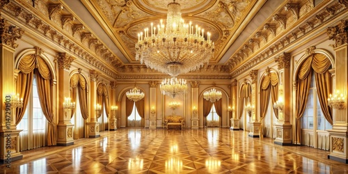 Luxurious golden ballroom with crystal chandeliers, elegant draperies, and ornate decor , grand, opulent, luxury, formal event