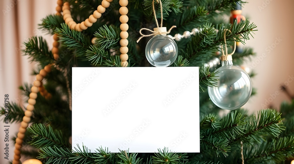 Gift Certificate Mockup on Christmas Tree with Elegant Decorations, Festive Ornaments, and Holiday Vibes. Gift Certificate Mockup on Christmas Tree with Elegant Decorations, Festive Ornaments, and Holiday Vibes.