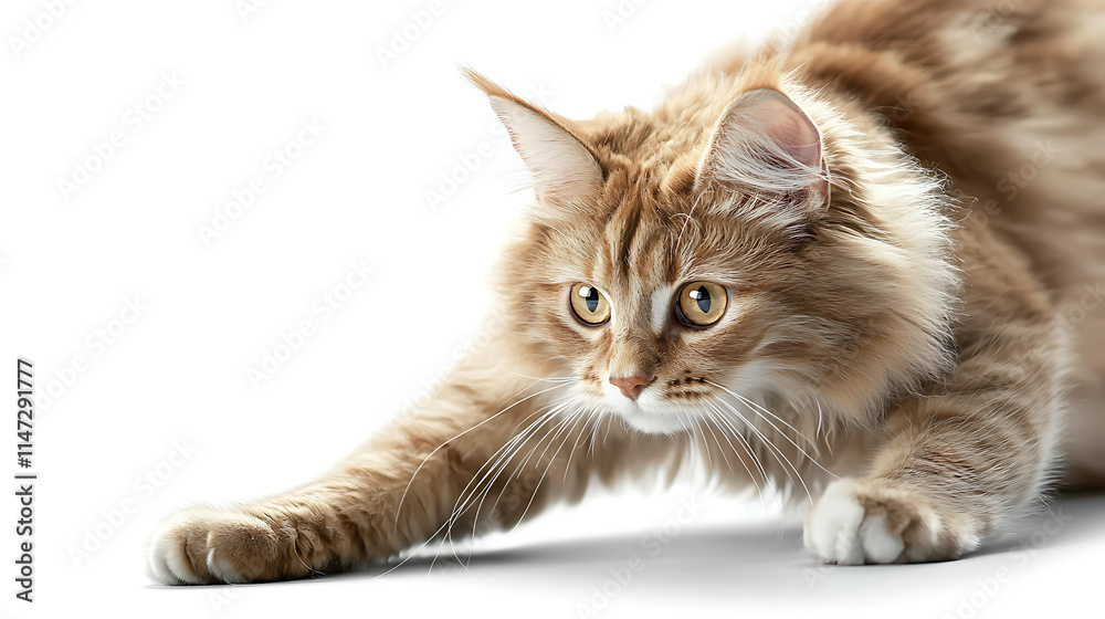 Fototapeta premium A cat with a long tail is stretching out its paw
