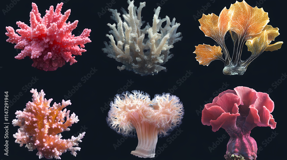Unique coral species isolated on dark backdrop for marine biodiversity. Submerged. Illustration Unique coral species isolated on dark backdrop for marine biodiversity. Submerged. Illustration