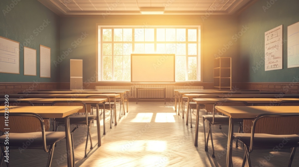 Sunlit classroom with empty desks and projector screen. Sunlit classroom with empty desks and projector screen.