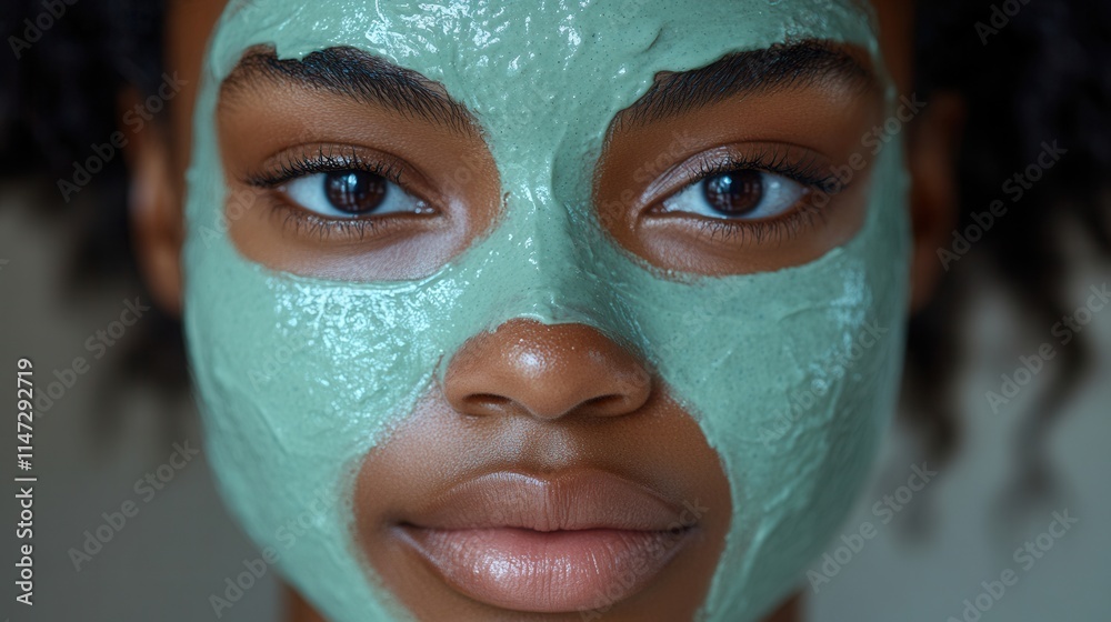 A person with a green facial mask, showcasing skincare and self-care routines. A person with a green facial mask, showcasing skincare and self-care routines.