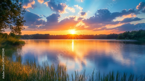 Sunset over a lake. Peaceful nature scene. Tranquil landscape.