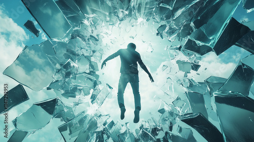 A person breaking through a realistic glass ceiling, with the shattered glass turning into an illustration of opportunity and equality for all