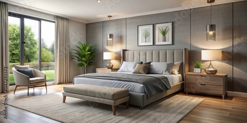 Stylish, modern bedroom interior with a comfortable bed and matching bedside tables, stylish, modern, bedroom, interior