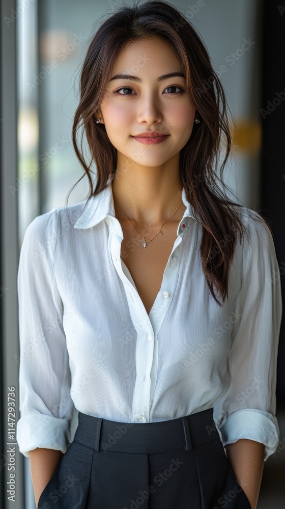 Professionally dressed Chinese female real estate agent showcasing approachability and confidence Professionally dressed Chinese female real estate agent showcasing approachability and confidence