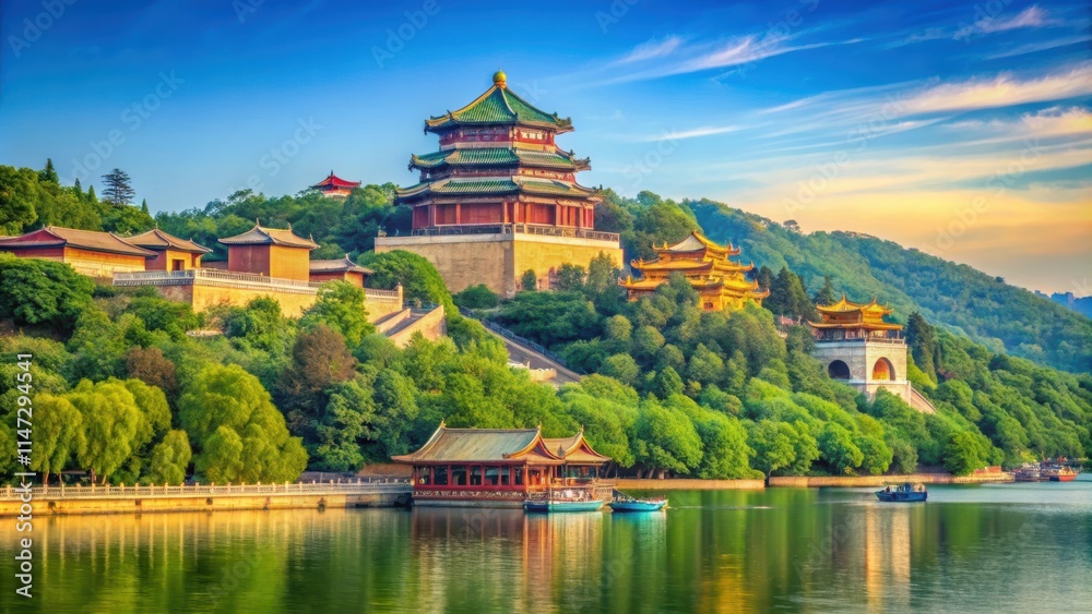 Fototapeta premium Natural and cultural beauty of the Summer Palace captured in a stock photo, Summer Palace, Beijing, China, architecture
