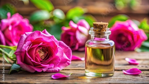 Close-up shot of a bottle of Oud Wood and Rose essential oil, with soft focus on the background, oud wood, rose photo