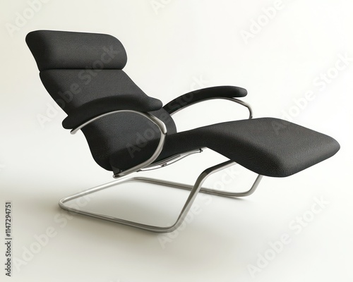 Reclining zero gravity chair with black fabric and steel frame, on a white backdrop in 3D. photo