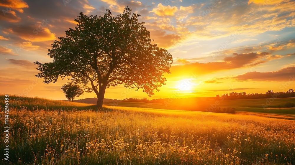Obraz premium Sunset Landscape Tree Field