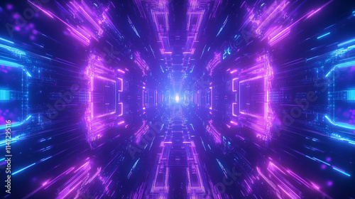 Vibrant tunnel of light with digital patterns in a futuristic setting. 