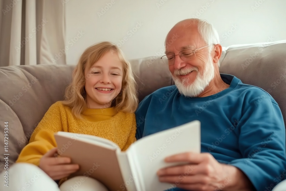 Grandfather and granddaughter enjoying quality time together, reading a book and smiling on a comfortable sofa Grandfather and granddaughter enjoying quality time together, reading a book and smiling on a comfortable sofa