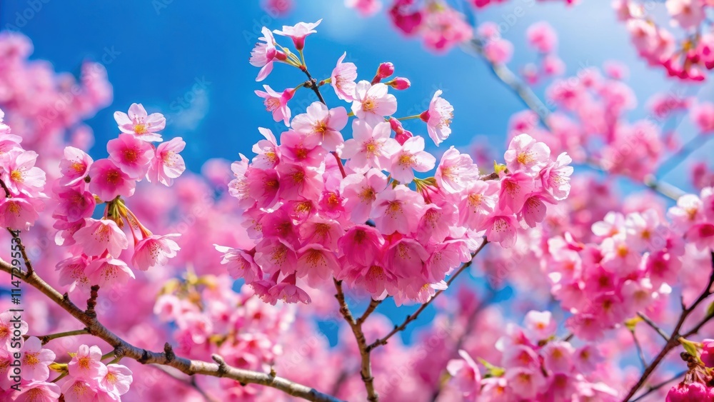 Pink cherry blossoms in full bloom against a clear sky in spring season, cherry blossoms, pink, flowers, spring, isolated Pink cherry blossoms in full bloom against a clear sky in spring season, cherry blossoms, pink, flowers, spring, isolated
