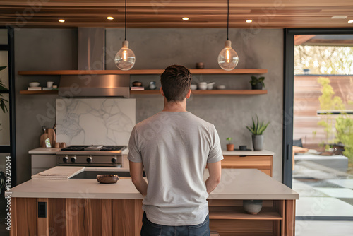 Man in Modern Kitchen with Light Wood Cabinets and Concrete Backsplash