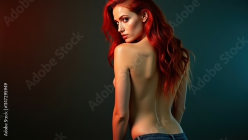 Red-haired athletic woman showing toned physique in a confident pose, perfect for fitness marketing or lifestyle inspiration.