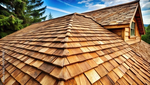 Cedar shake roof featuring natural wood texture and rustic charm , cedar, shake, roof, wood, texture, rustic