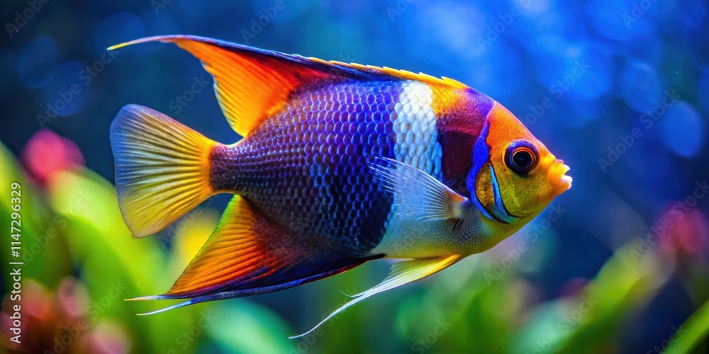 Naklejka premium Tricolor freshwater angelfish swimming gracefully in a tank , koi, angelfish, Pterophyllum scalare, colorful, aquarium