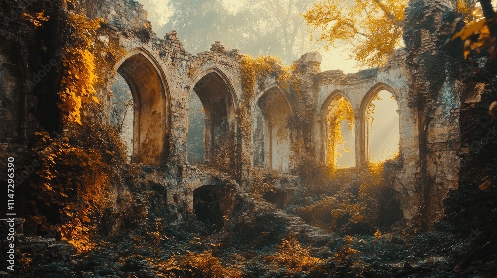 Fototapeta premium Ancient Ruins Surrounded by Lush Foliage and Soft Sunlight