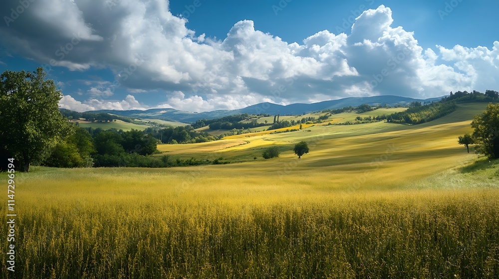 Fototapeta premium Golden Wheat Fields Under a Cloudy Sky. Scenic Countryside Landscape.