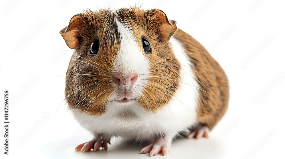 A brown and white guinea pig is standing on a white background A brown and white guinea pig is standing on a white background