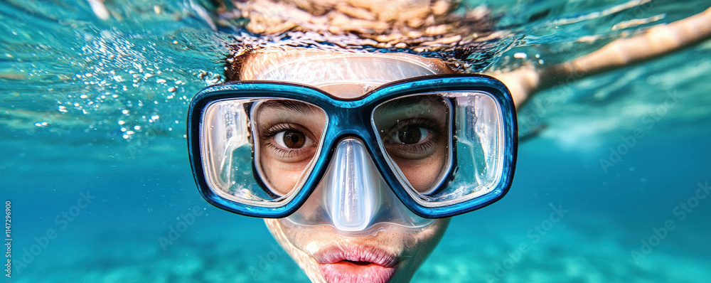 Naklejka premium A person wearing snorkeling gear looks directly at the camera underwater, surrounded by clear blue water, creating an engaging and vibrant scene.