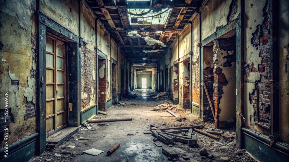 Dark, decaying hallway in abandoned building with crumbling walls and debris scattered on floor, abandoned, hallway, dark Dark, decaying hallway in abandoned building with crumbling walls and debris scattered on floor, abandoned, hallway, dark