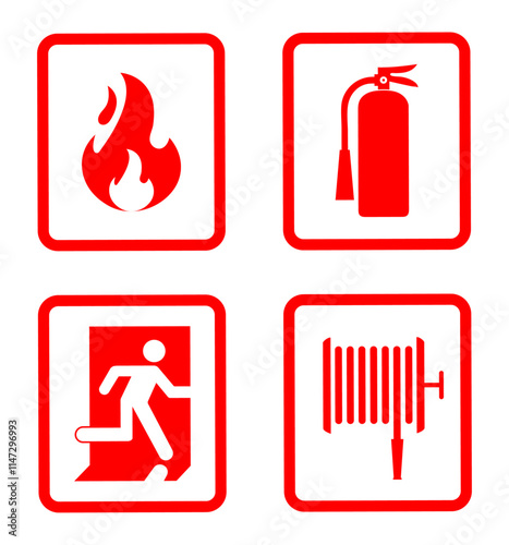 Fire emergency icons isolated set. Fire protection signs. Fire safety symbol collection. Fire prevention icons. Red, equipment, fire protection. Fire safety stickers. Fire extinguisher icon.