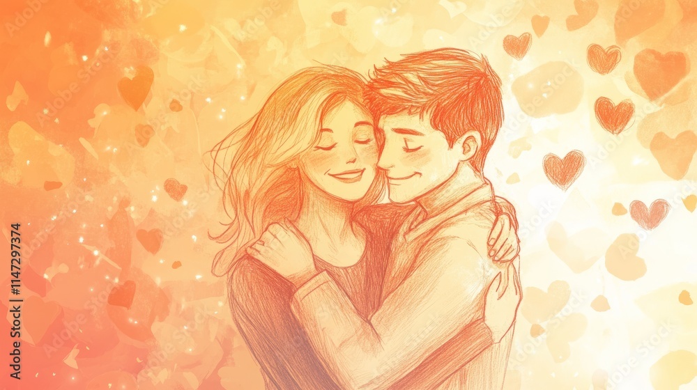Loving Couple Embraces Warmly Amidst Hearts Loving Couple Embraces Warmly Amidst Hearts