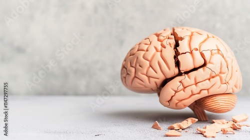 A cracked brain model rests on a surface, symbolizing mental health, fragility, and cognitive challenges in a minimalistic setting.Neurological Disorders,Brain Health,Health Care,Rehabilitation,Anatom photo