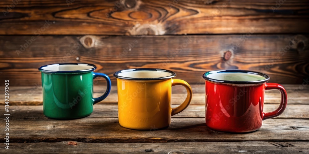 Enameled mugs with retro design on rustic wooden table , vintage, enamel, cups, mugs, retro, style, rustic, wooden, background Enameled mugs with retro design on rustic wooden table , vintage, enamel, cups, mugs, retro, style, rustic, wooden, background