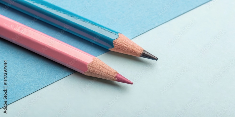 Two colored pencils, one pink and one blue, rest on a diagonal line of light blue paper. The pink pencil is in focus, and the blue pencil is slightly out of focus. Two colored pencils, one pink and one blue, rest on a diagonal line of light blue paper. The pink pencil is in focus, and the blue pencil is slightly out of focus.