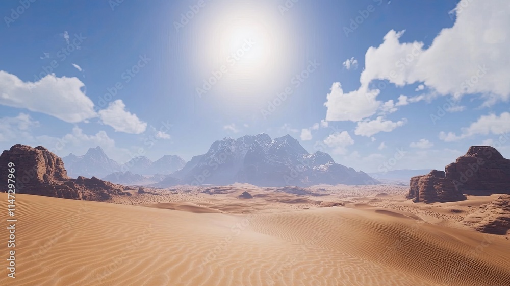 Majestic Desert Landscape Under Bright Sky with Distant Mountains Majestic Desert Landscape Under Bright Sky with Distant Mountains
