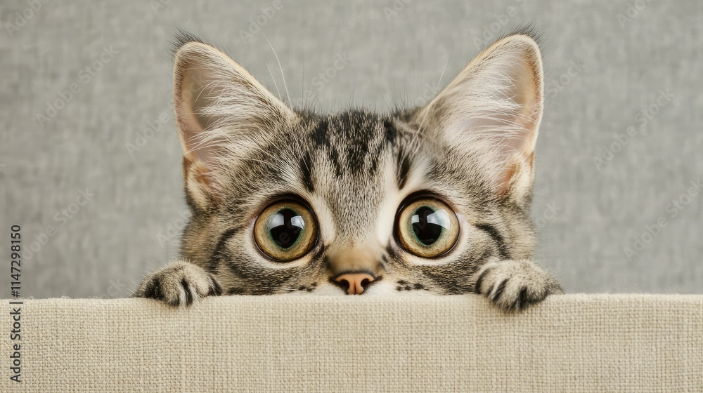 Obraz premium Curious Cat Peeking Over a Soft Beige Surface with Big Eyes