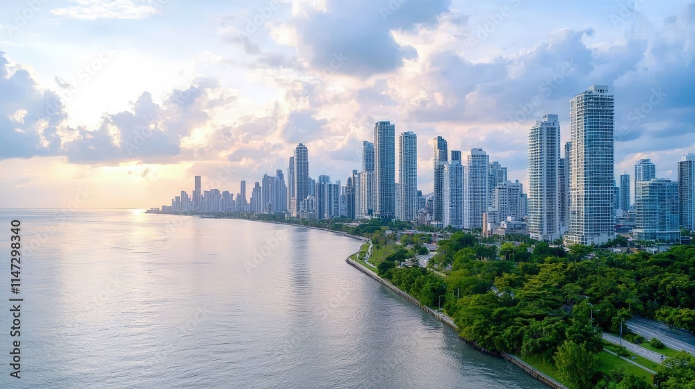 Panoramic city skyline at sunrise, waterfront view. Panoramic city skyline at sunrise, waterfront view.