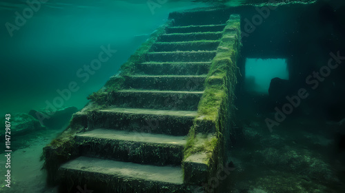 Algae-covered staircase underwater, hinting at submerged history and tranquility , underwater, algae, staircase, history. Submerged. Illustration photo