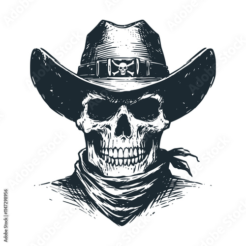 The bone skull wear cowboy hat. Black white vector illustration.
