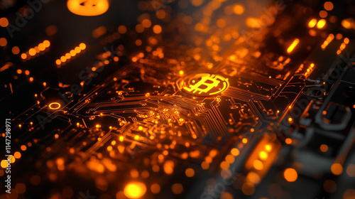 Detled close-up of a glowing bitcoin symbol on a circuit board.   photo