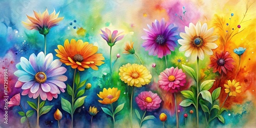 Colorful abstract flowers in a watercolor background, perfect for wallpapers and wall decorations, watercolor, abstract