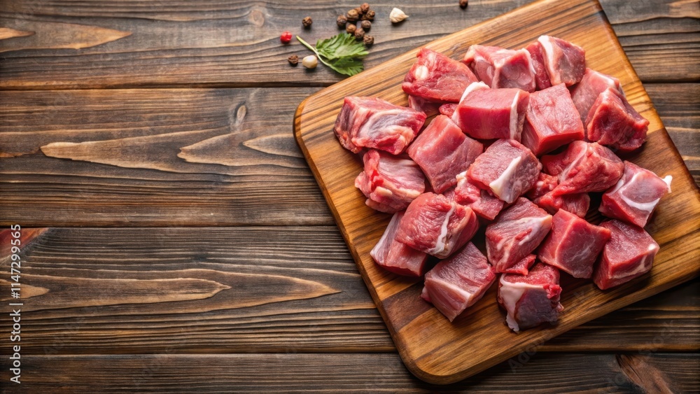Raw goat meat pieces arranged on a wooden cutting board for cooking, goat meat, raw, pieces, wooden cutting board Raw goat meat pieces arranged on a wooden cutting board for cooking, goat meat, raw, pieces, wooden cutting board
