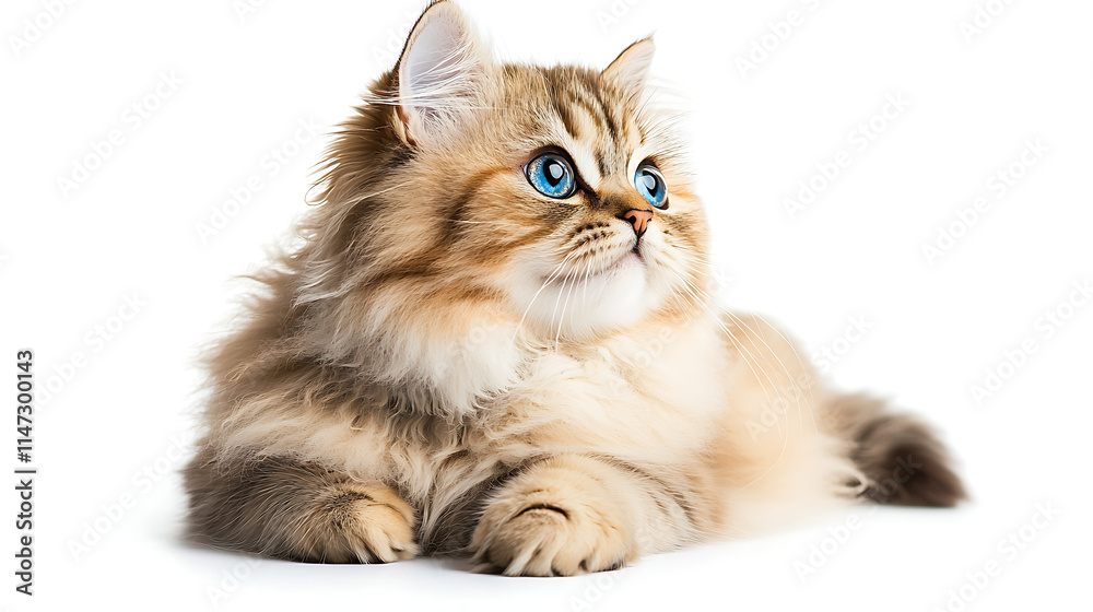 A fluffy cat with blue eyes is laying on a white background A fluffy cat with blue eyes is laying on a white background