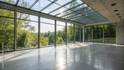 A spacious, light-filled room with a glass ceiling and expansive windows overlooking a lush green forest, inviting natural light and fresh air to permeate the interior. photo