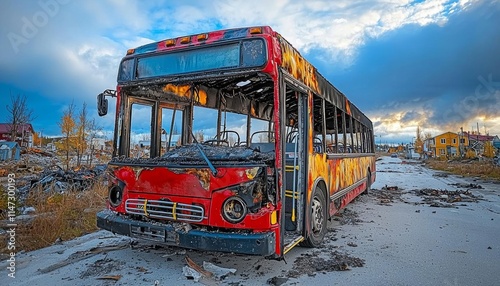 Charred frame of a bus after a fire against the background of the road and sky. , isolated on white background,  , copy space, copy space for text,