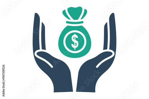 Fundraising icon. solid icon style. hand with money bag. icon related to charity. donation elements vector illustration