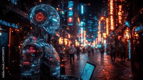 Futuristic robot with glowing circuits using a laptop on a neon-lit street, showcasing advanced AI technology in a vibrant urban night scene with bokeh lights.