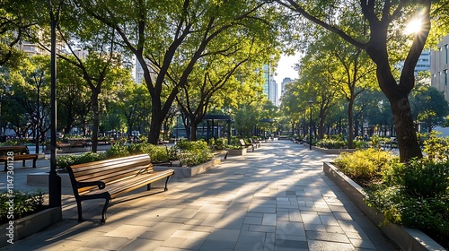 A city square featuring several large trees providing shade to park benches, highlighting the benefits of urban planting for public spaces.