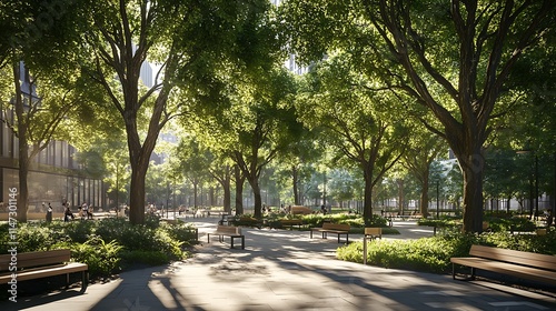 Wallpaper Mural A city square featuring several large trees providing shade to park benches, highlighting the benefits of urban planting for public spaces. Torontodigital.ca