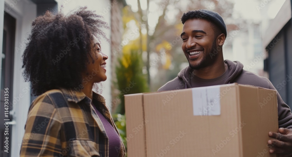 Smiling individuals exchanging a package outdoors. Smiling individuals exchanging a package outdoors.