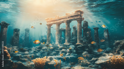 . an enchanting digital artwork of sunlit, submerged ruins amidst marine life in a serene underwater setting. ancient ruins. illustration. Submerged. Illustration photo